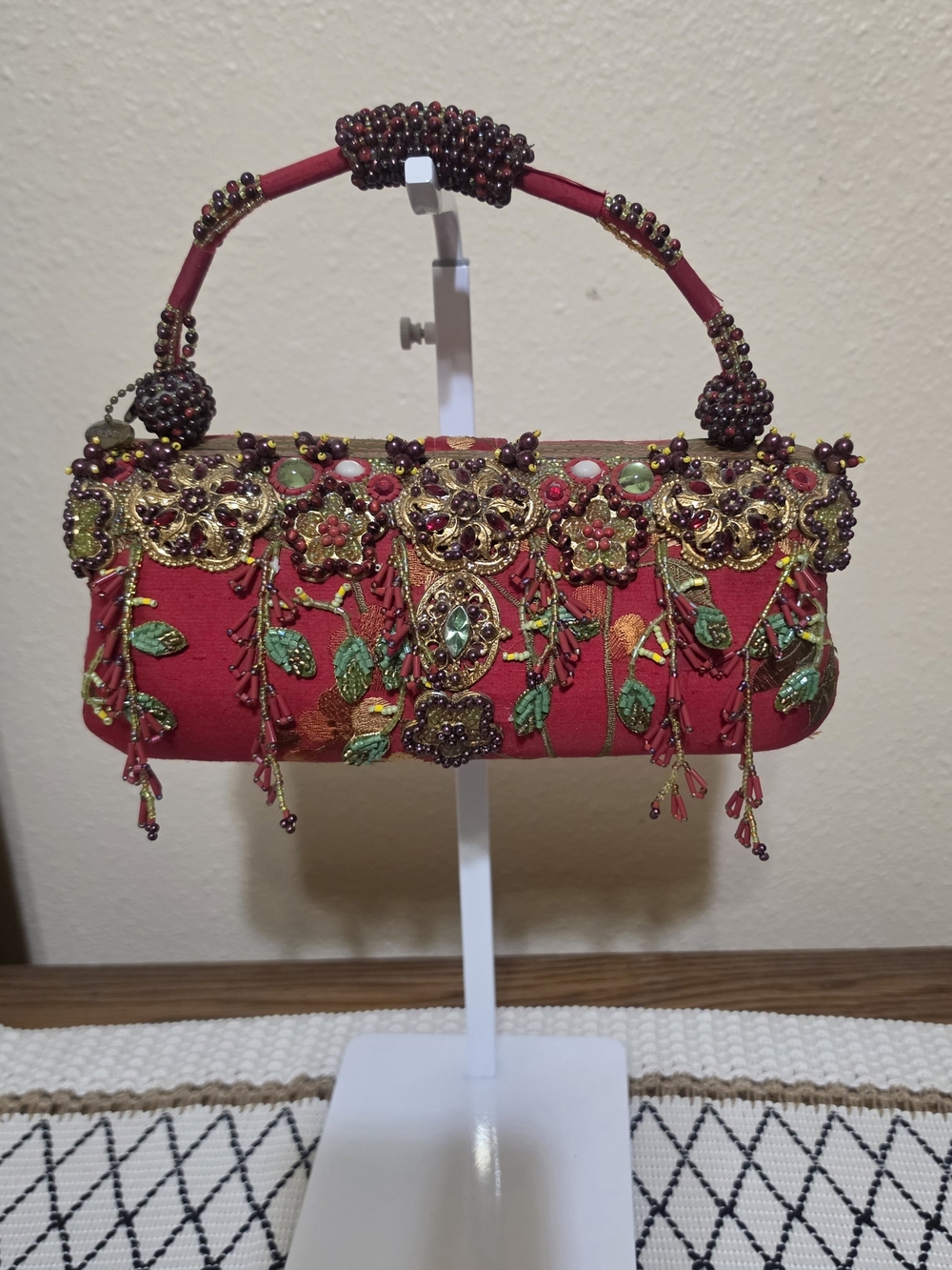 Mary Frances Red Embellished Beaded Floral Clutch